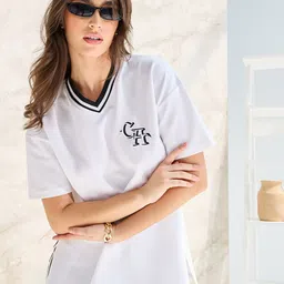 Styli Typography Printed V-Neck Cotton Longline Oversized T-shirt-image-61