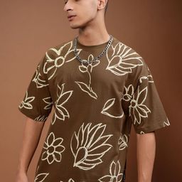 HIGHLANDER Men Floral Printed Round Neck Cotton Relaxed Fit T-shirt-image-98