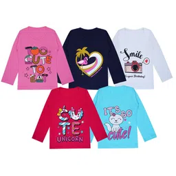 FAZZA Girls Pack Of 5 Graphic Printed Round Neck Cotton T-shirts-picture-41