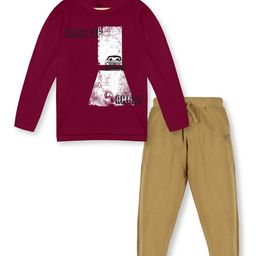 KiddoPanti Boys Burgundy & Khaki Printed Pure Cotton T-shirt with Trousers-image-63