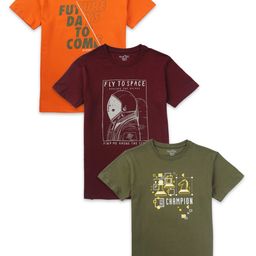 Palm Tree Boys Pack Of 3 Typography Printed Cotton T-shirt-image-84