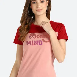 shashvi Women Peach-Coloured & Red Embellished Colourblocked Regular Fit T-shirt-image-96