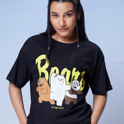 Bewakoof Official Cartoon Network Merchandise Blacl Bears Printed Cotton Oversized T-shirt-image-1