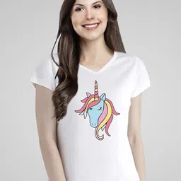 Pootlu Women White Unicorn Printed V-Neck T-shirt-image-89