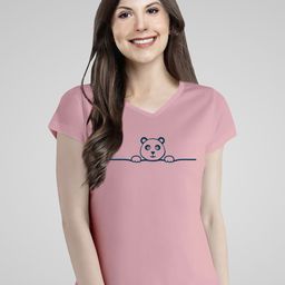 Pootlu Women Pink Printed V-Neck Cotton T-shirt-image-116