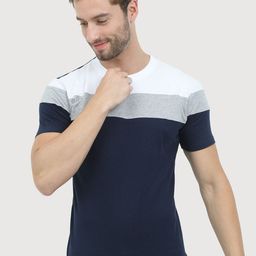 REYA Men Navy Blue Colourblocked Pure Cotton T-shirt-image-12