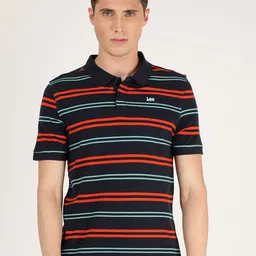 Lee Men Blue Striped Polo Collar Applique Slim Fit T-shirt-image-70