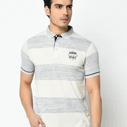 Duke Men Grey & Blue Striped Polo Collar Slim Fit Cotton T-shirt-image-77