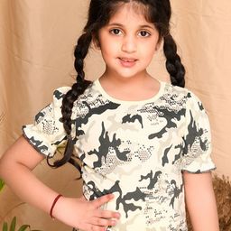 Kids Cave Girls Camouflage Printed Puff Sleeves Cotton T-shirt-image-33
