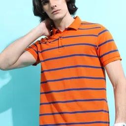 HIGHLANDER Orange Striped Polo Collar Slim Fit T-shirt-image-24