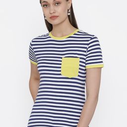 DOOR74 Women Navy Blue & Yellow Striped Cotton T-shirt-image-14