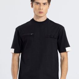 Snitch Black Round Neck Pocket Relaxed Fit Cotton Casual T-shirt-image-84