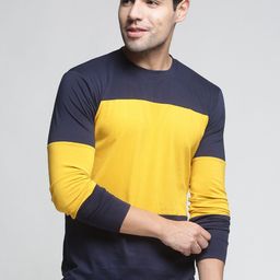 Trends Tower Men Navy Blue & Yellow Colourblocked Cotton T-shirt-image-80