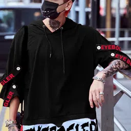 Eyebogler Typography Printed Hooded Drop-Shoulder Cotton Oversize T-shirt-image-0