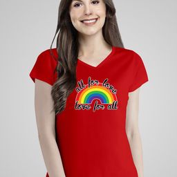 Pootlu Women Red Printed V-Neck Pure Cotton T-shirt-image-83