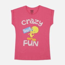 Kids Ville Girls Pink White Typography Looney Tunes Printed Pure Cotton T-shirt-image-116