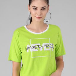 Viral trend Women Lime Green & White Typography Printed Drop-Shoulder Sleeves Pure Cotton T-shirt-image-51