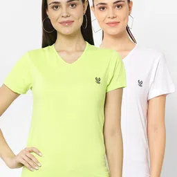 VIMAL JONNEY Pack-2 Women White & Fluorescent Green V-Neck T-shirt-image-54