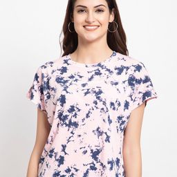 FEMEA Women Pink & Blue Tie and Dye Printed T-shirt-50