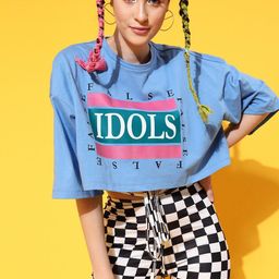 STREET 9 Women Blue Printed Cotton Drop-Shoulder Sleeves Bio Finish Boxy T-shirt-image-66