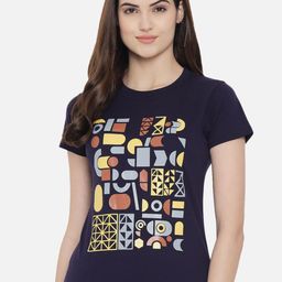 Fabflee Women Navy Blue Printed Round Neck Cotton T-shirt-image-67