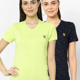 VIMAL JONNEY Pack-2 Women Fluorescent Green & Black V-Neck T-shirt-picture-31