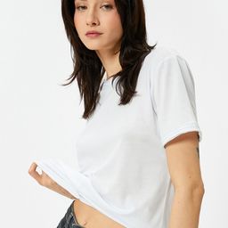 Koton Round Neck Short Sleeves Raw Edge Cotton T-shirt-image-93