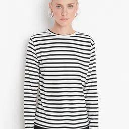 Trendyol Women White & Black Striped Polyester T-shirt-image-26