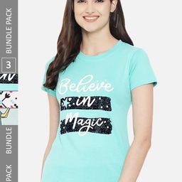 Fabflee Women Multicoloured Typography 3 Printed Applique T-shirt-image-80