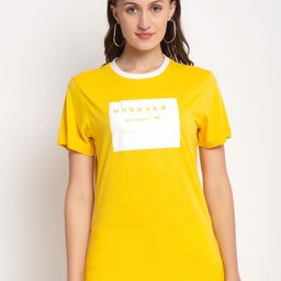 DOOR74 Women Yellow Typography Printed Cotton T-shirt-image-52