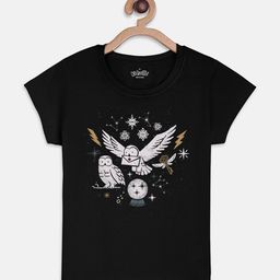 Kids Ville Harry Potter Christmas Girls Black Printed T-shirt-image-7