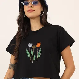 CHARMGAL Women Printed Extended Sleeves Applique T-shirt-image-73
