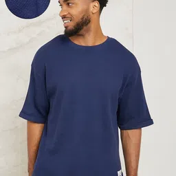 Styli Waffle Knit Drop-Shoulder Sleeves Cotton Oversized T-shirt with Turn Up Sleeves-image-36