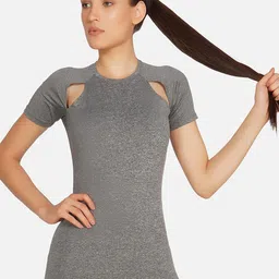 NEU LOOK FASHION Women Grey Drop-Shoulder Sleeves Applique T-shirt-image-5
