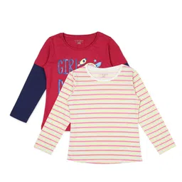 PLUM TREE Girls Pack of 2 Magenta  Off White Striped Cotton Pure Cotton T-shirt-image-37