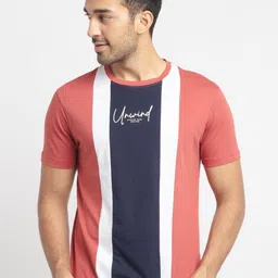 Status Quo Men Navy Blue & Coral Striped Applique Cotton T-shirt-image-48