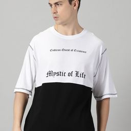 THE HOLLANDER Typography Print Colourblocked Drop-Shoulder Oversized Cotton T-shirt-image-4
