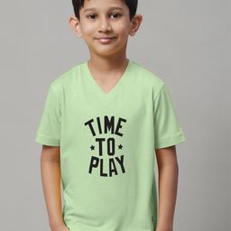 Friskers Boys Sea Green Typography Printed V-Neck Applique T-shirt-image-48