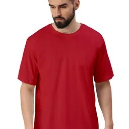VEIRDO Red Drop-Shoulder Sleeves Pure Cotton Oversized T-shirt-image-93