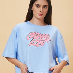 Globus Blue Typography Printed Pure Cotton Oversized Casual T-Shirt-image-17