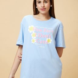 Globus Blue Typography Printed Drop-Shoulder Sleeves Pure Cotton Boxy T-shirt-image-74