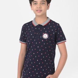 Crimsoune Club Boys Navy Blue Printed Polo Collar Applique Slim Fit T-shirt-image-64