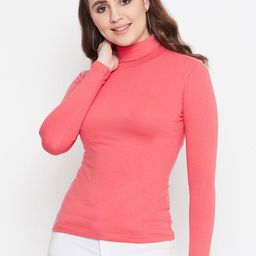 Hypernation Women Pink Solid Turtle Neck T-shirt-image-7