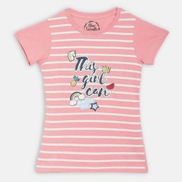 Blue Giraffe Girls Pink Striped Round Neck T-shirt-image-62