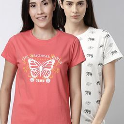 Kryptic Women Pack Of 2 Orange & Off-White Printed Pure Cotton Lounge T-shirts-image-24