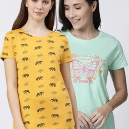Kryptic Women Pack of 2 Green & Yellow Printed Pure Cotton Lounge T-shirts-picture-24