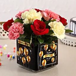 Carnations and Roses In Black Happy Bday Vase-image-64