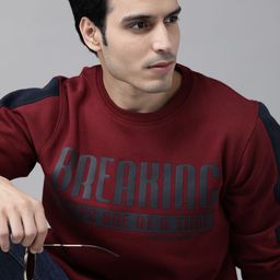 Roadster Men Maroon & Navy Blue Typography Print Sweatshirt with Side Stripe Detail-image-96