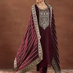 Libas Marron Ethnic Motifs Zari Yoke Design Straight Kurta with Trouser & Dupatta-25