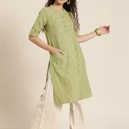 Taavi Women Green Woven Design Woven Legacy Straight Kurta with Pockets-image-61